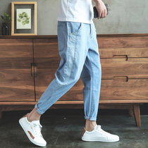 Tide brand solid color simple jeans mens port wind loose straight tube Joker nine points trend leg casual pants long pants