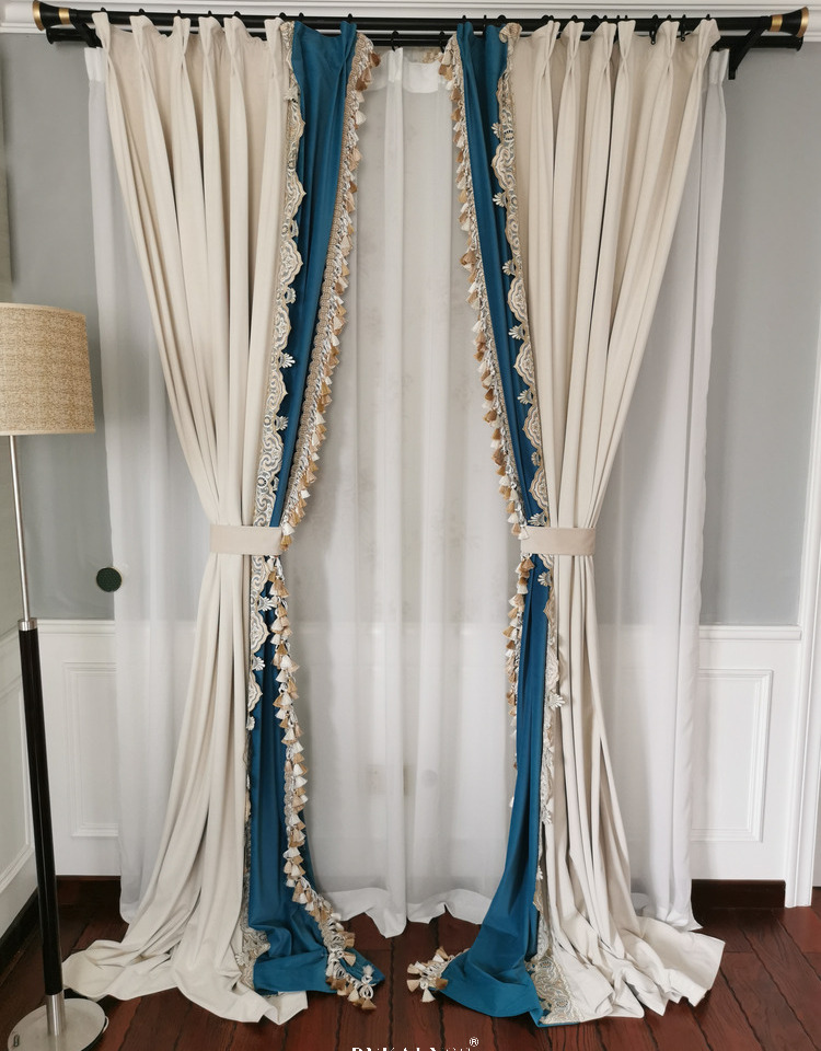 奶油拼色遮光澳洲羊毛绒窗帘法式复古奢华巴洛克丝绒客厅卧室高窗