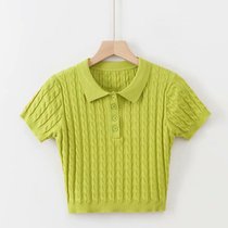 INS Matcha green POLO neck twist sweater short sleeve high waist short section umbilical button short sleeve lapel T-shirt top