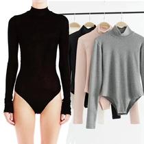 Autumn and winter pullover long sleeve brushed T-shirt Womens one-piece European and American semi-high collar slim briefs one-piece top