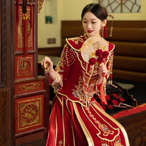 Heavy-worked velvet showcase 2022 bride wedding Chinese wedding dress dragon and phoenix bride dress toast woman