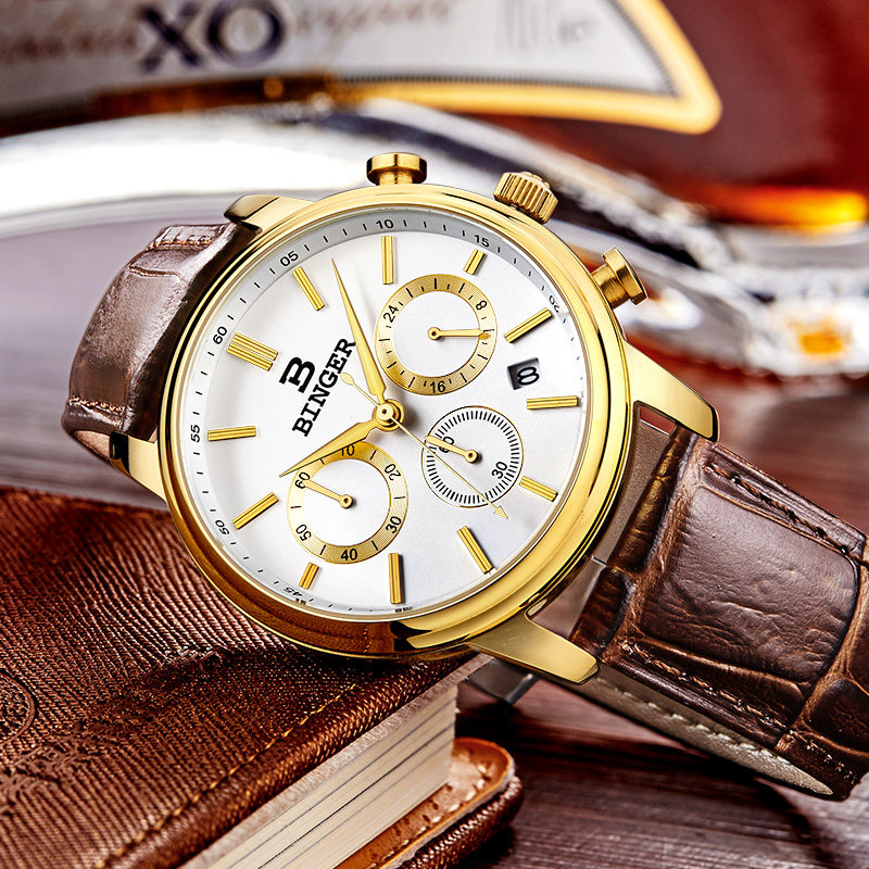 陈小春代言正品binger宾格手表男表石英表三眼计时天启间金皮白_羽沫