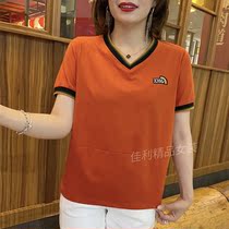 Canali womens dress V collar T-shirt Summer new foreign air 100 hitch Han version Fashion cut-age Slim Niche short sleeve blouse