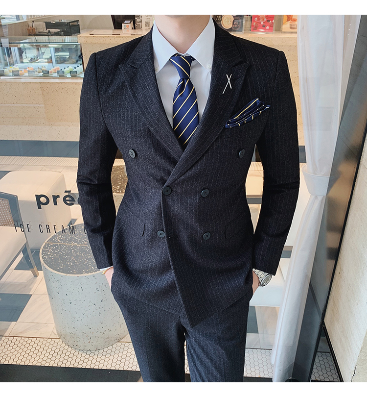 外贸新款 韩版修身条纹男士休闲双排扣西装男外套单西服 跨境男装