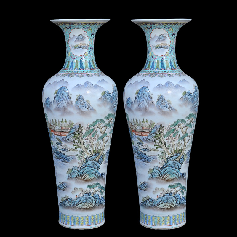 Jingdezhen ceramic vases, antique hand - made pastel landscape view sound of large vases, fashionable sitting room furnishing articles