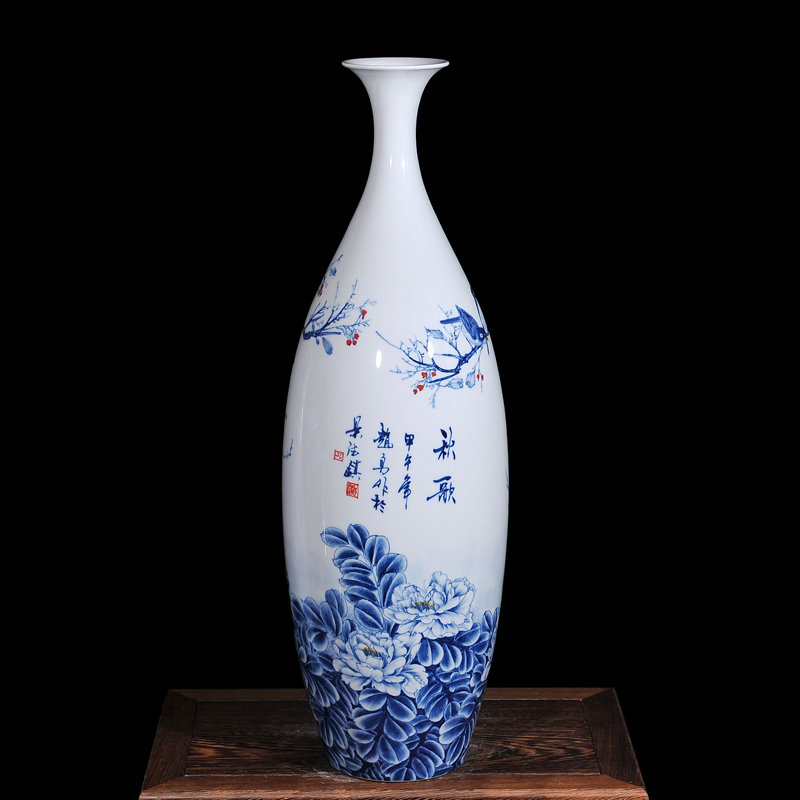 The Master of jingdezhen ceramic hand - made thin neck of blue and white porcelain vase of autumn song figure of modern home living room handicraft furnishing articles