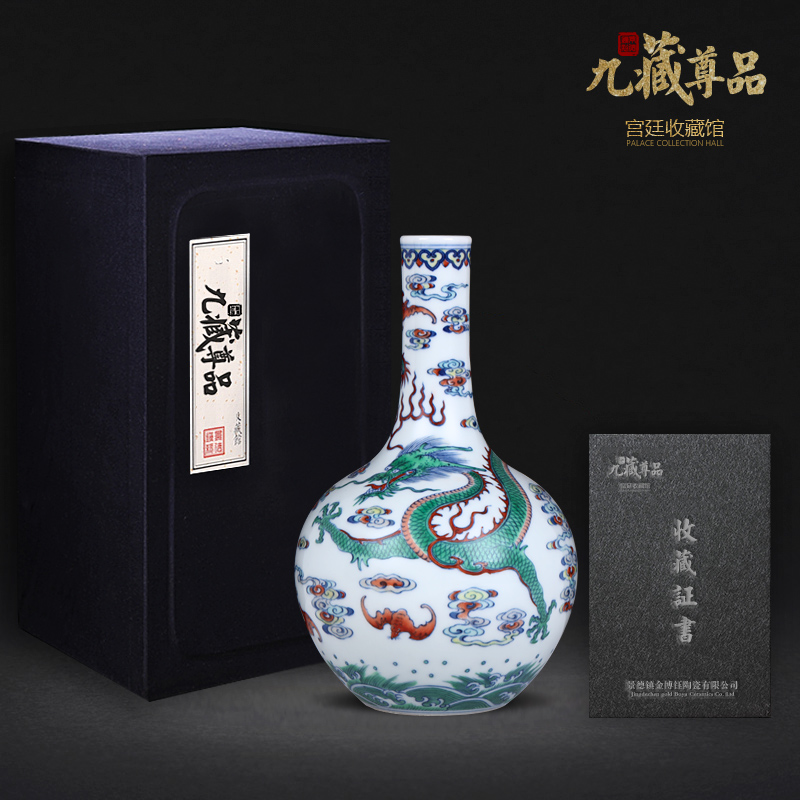 Blue and white dragon grain fights bile flower vase xiangyun bat flower arranging furnishing articles archaize porcelain jingdezhen pure manual