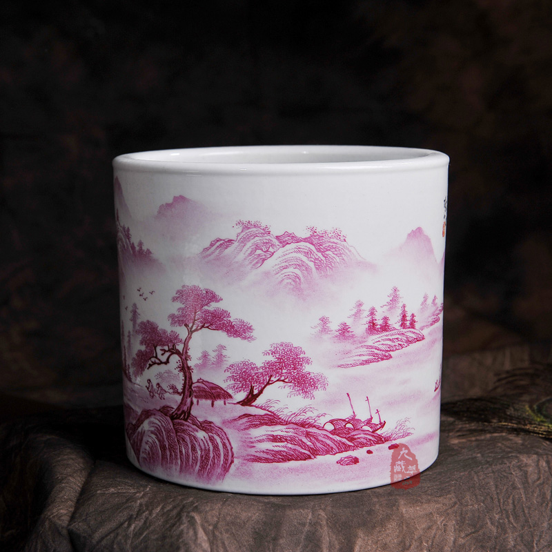 Jingdezhen ceramics archaize carmine hand - made scenery brush pot I household crafts home sitting room