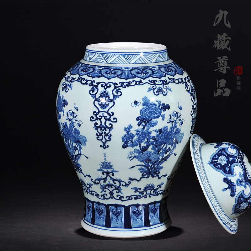 Blue and white porcelain of jingdezhen ceramics general antique hand - made jar with cover storage tank sitting room decoration crafts