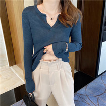 V neck knitwear women 2021 New loose Joker thin base shirt Spring and Autumn long sleeve gray top