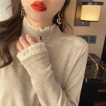 Delong base shirt Women in autumn and winter wear 2021 New Wild lace plus velvet thick half high neck long sleeve top