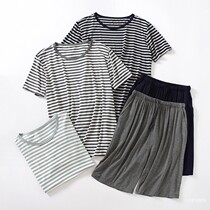 Modal mens pajamas Summer short-sleeved shorts suit Crew neck striped T-shirt mens thin home clothes to wear outside