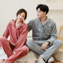 Couple pajamas Autumn and winter coral velvet home wear suit mens flannel winter plus velvet thickened two-piece set Womens winter
