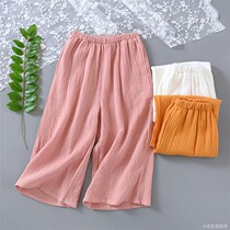 Pajamas womens thin three-point pants pure cotton summer wide leg home pants medium and long retro forest cotton pants skirt 7 points