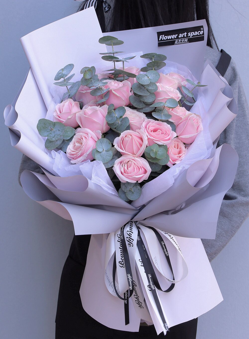 19朵粉红雪山玫瑰混搭花束大连鲜花同城速递过生日节日鲜花