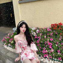 Style Smear printed one-piece dress Girl 2021 new Shardew shoulder design Fresh Sweet foam with a long dress in the middle of a long skirt