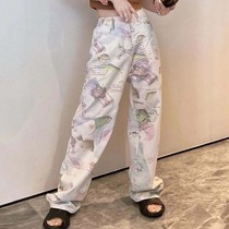 2022 Summer new French style full print Little fish broadlegged jeans Women with high waist design Loose Straight Drum Pants Tide