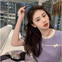 Purple short sleeve blouses womens summer 2022 new Korean version 100 hitchhiking slim fit slim fit short t-shirt round collar