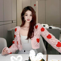 Crochet hollowed-out sweet and long sleeves knit cardiovert women 2021 new spring workout shorts for short coat blouses