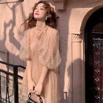 Small sub lace butterfly knot pink one-piece dress woman summer 2022 new long sleeve French style design sensation little dresses
