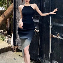 Gradient Color Hanging neck sling one-piece dress Women Summer 2022 new small Fragrant Wind Design Sensation Small Crowdsourced fork Hip Skirt