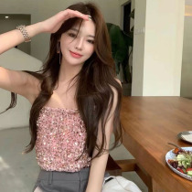 Beauty Back Vest Net Red Burst 2022 Summer New Shiny Sequins Nets Red Short blouse blouses womens Ins Chains