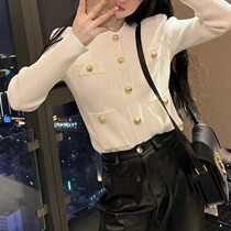 Small fragrant wind autumn and winter knit cardigan jacket woman 2022 new reduced age advanced senses with short padded shoulder blouses
