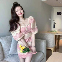 The French style square collar foam sleeveless dress woman 2021 new summer junior high level sensational sweet and temperamental name Ehime skirt