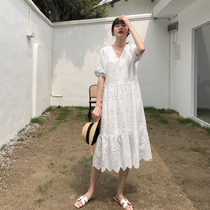 Love Rose Wei Big Code Women Dress Loose Fat Mm Method Skirt White Dress Rework Hollowed-out Embroidered Fairy Skirt Summer