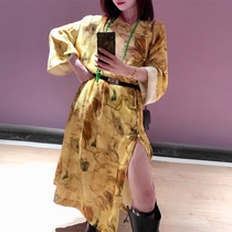  Mandy mom bubble wrinkle new concept national style retro temperament silk mulberry silk V-neck dress long skirt spring