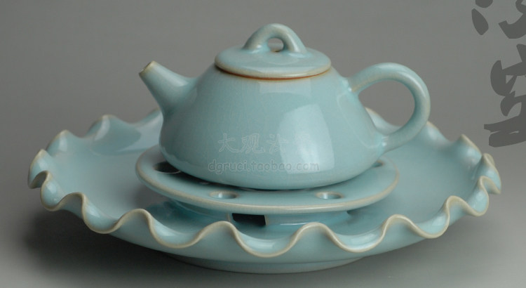 汝州原产地大观汝瓷茶具茶杯 花口壶承壶托朱家汝窑朱法喜作品