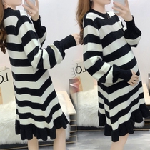 Pregnant women autumn winter sweater outside wearing striped sweater loose dress long base shirt pregnant women autumn top