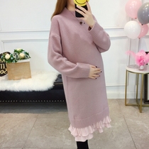 Pregnant women sweater dress winter foreign atmosphere long lace stitching loose base shirt autumn and winter clothing pullover
