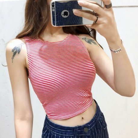 露脐装韩国海军风条纹t恤女夏露肚脐高腰性感紧身短款上衣无袖潮_7折
