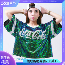 New embroidered big code sequin short sleeve T-shirt female bright shiny blouses Hip Hop Loose Jazz Square Dance Costumes