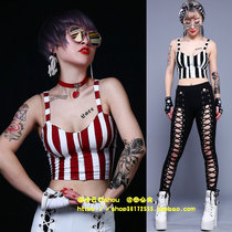 Nightclub new suspender navel small vest fashion chest wrap bar stage performance clothes hip hop striped gogo Top