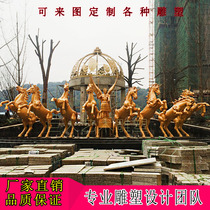 Custom large square sculpture Sun God Apollo chariot eight horses FRP imitation copper European fountain landscape