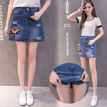 Anti-slip skirt short skirt pants 2021 spring and summer new Joker high waist embroidered denim skirt hole a-shaped pants skirt