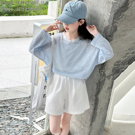 Girls T-shirt summer 2025 new mid-large children's round neck striped top Korean style thin long-sleeved sunscreen clothes fashionable 9
Girls T-shirt summer 2025 new mid-large children's round neck striped top Korean style thin long-sleeved sunscreen clothes fashionable 9