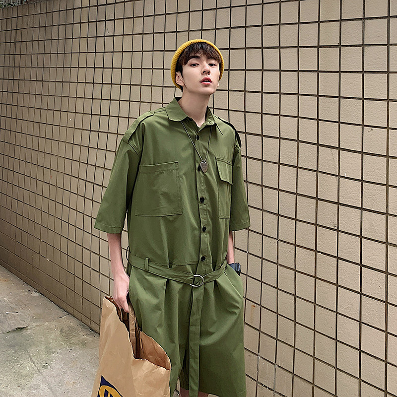 工装风连体裤短裤配腰带港风休闲夏季男士宽松连体衣-p80控98