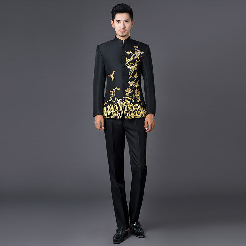 男士多色青花瓷中国风立领刺绣中山装主持演出服合唱中式男装礼服