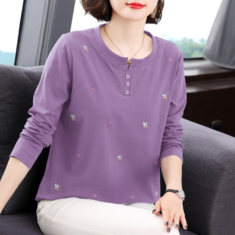 Pure cotton long sleeve t-shirt woman 2024 spring autumn clothing new foreign air blouses outside wearing mid-aged moms minus the undershirt-Taobao