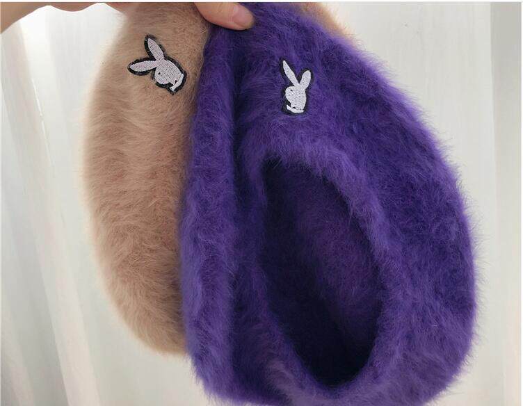 韩国ins秋冬兔头刺绣贝雷帽可爱女孩兔毛绒蓓蕾兔子帽子复古仙女