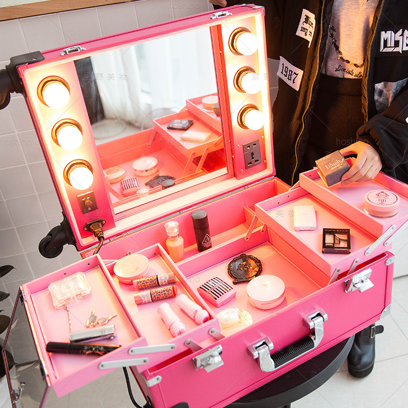 专业多层拉杆带灯化妆箱纹绣美甲工具箱带灯拉杆收纳箱手提跟妆箱
