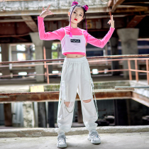 Childrens jazz dance practice clothing girl pink navel girl performance clothing street dance hip-hop autumn and winter suit tide clothing