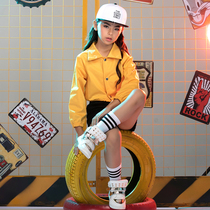 Korean girl jazz dance clothes children hip-hop navel drawstring long sleeve loose coat childrens performance tide