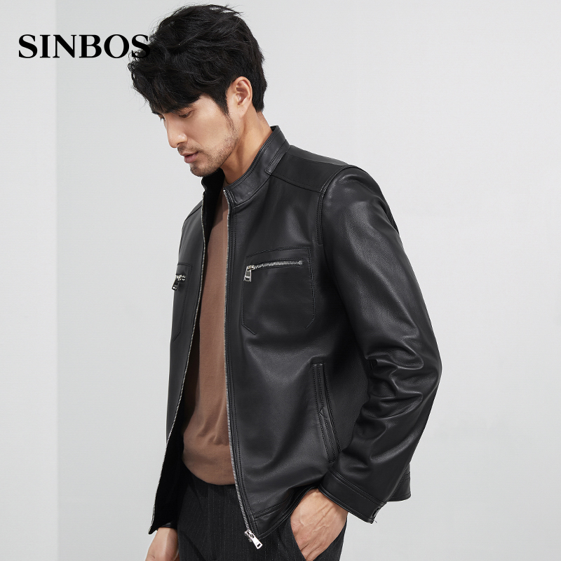 SINBOS genuine leather fur coat men's short stand jacket spring autumn new sheep leather slim down locomotive clothes overcoat tide