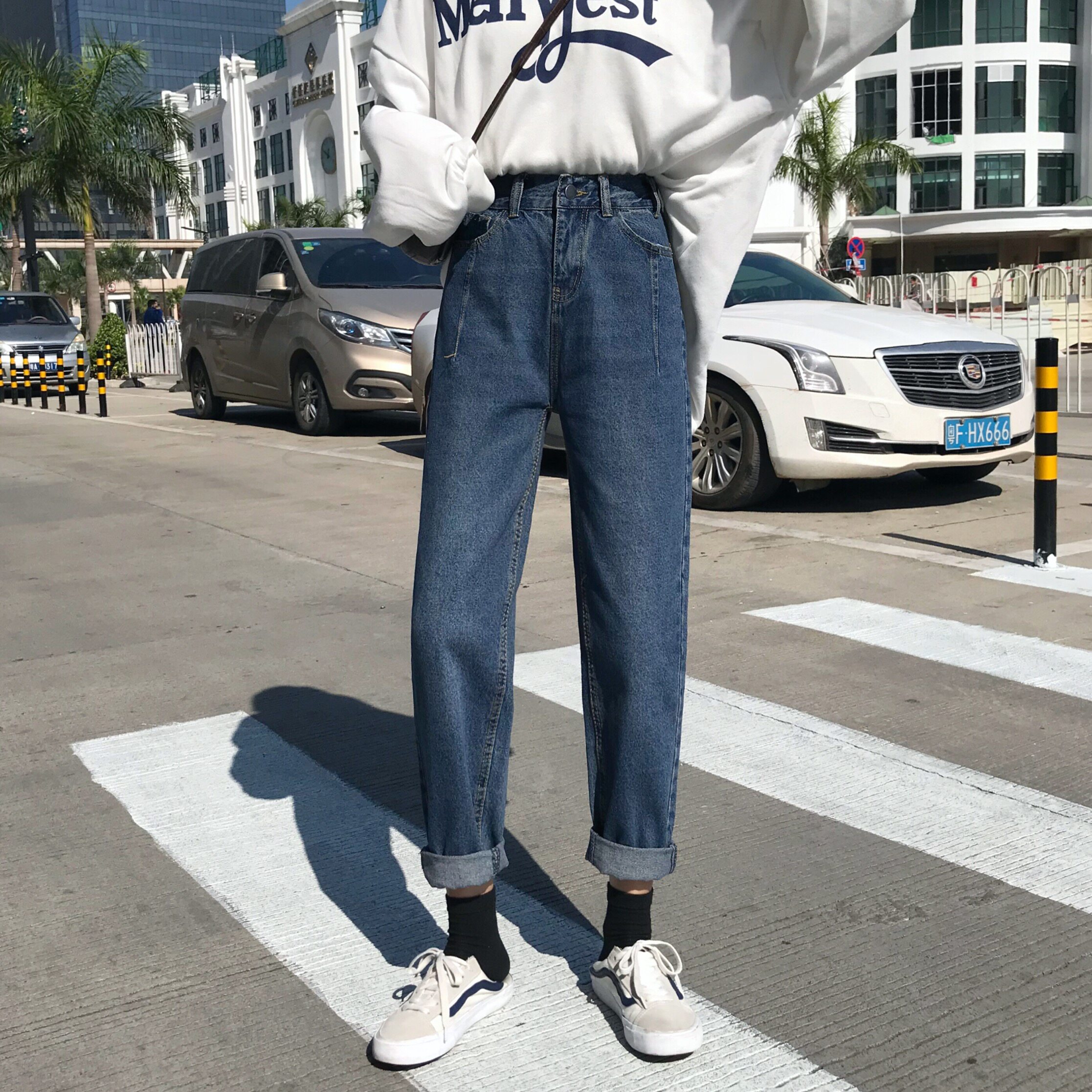 5080#港味显瘦老爹裤牛仔裤宽松高腰橡筋腰哈伦裤女