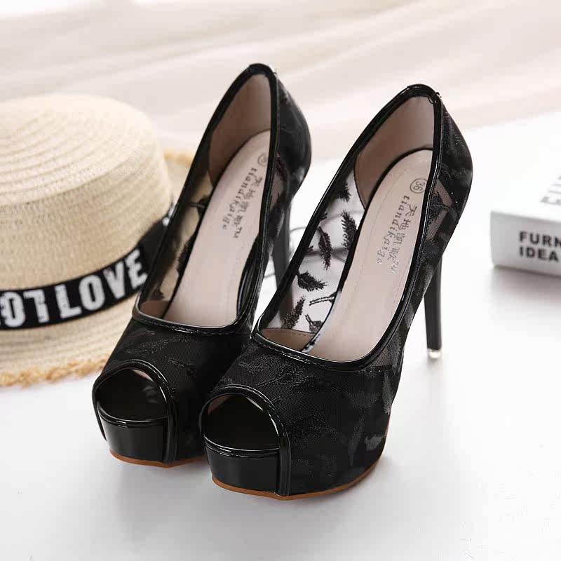 2018新款细跟高跟鞋女性感时尚防水台网纱鱼嘴鞋套脚百搭单鞋凉鞋