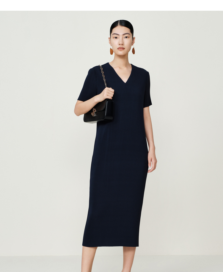 【新能量黑裙】玛丝菲尔2023年夏季新款深蓝色竖条纹百褶连衣裙